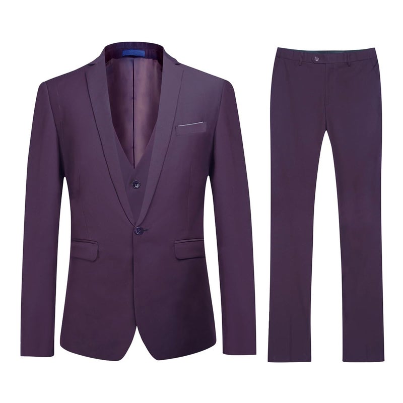YFFUSHI Men's 3 Piece Suit Sets Slim Fit One Button Blazer with Vest & Pants, Professional Business Wedding Suits Purple - Image 2